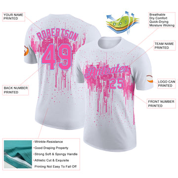 Custom White Pink-Light Blue Dripping Splatter Paint Performance T-Shirt