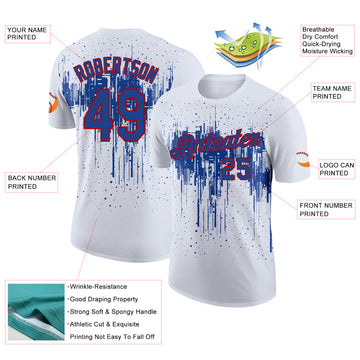 Custom White Royal-Red Dripping Splatter Paint Performance T-Shirt