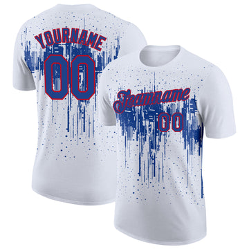 Custom White Royal-Red Dripping Splatter Paint Performance T-Shirt