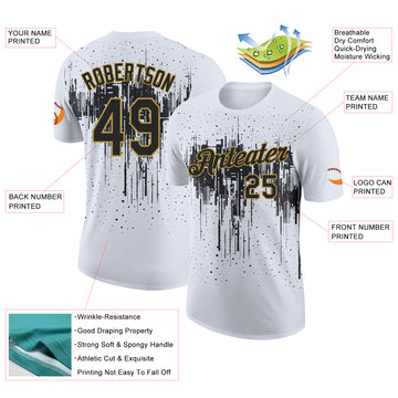 Custom White Black-Old Gold Dripping Splatter Paint Performance T-Shirt
