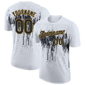 Custom White Black-Old Gold Dripping Splatter Paint Performance T-Shirt