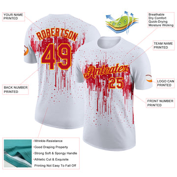 Custom White Red-Yellow Dripping Splatter Paint Performance T-Shirt