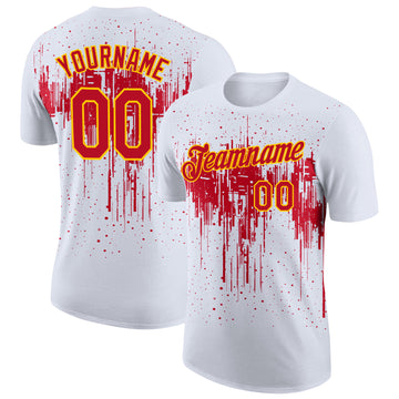 Custom White Red-Yellow Dripping Splatter Paint Performance T-Shirt