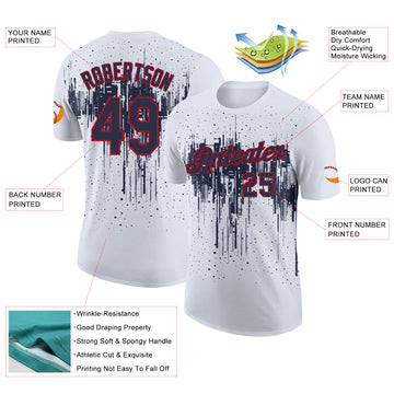 Custom White Navy-Red Dripping Splatter Paint Performance T-Shirt