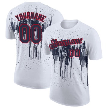 Custom White Navy-Red Dripping Splatter Paint Performance T-Shirt