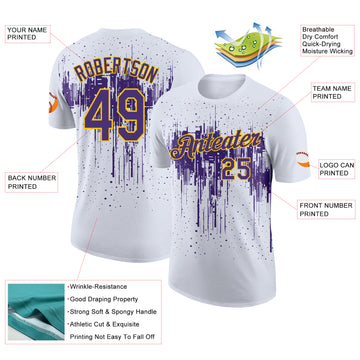 Custom White Purple-Yellow Dripping Splatter Paint Performance T-Shirt