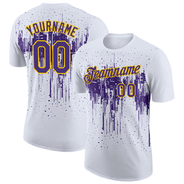 Custom White Purple-Yellow Dripping Splatter Paint Performance T-Shirt