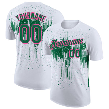 Custom White Kelly Green-Pink Dripping Splatter Paint Performance T-Shirt
