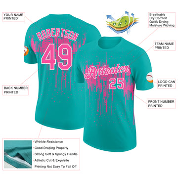 Custom Aqua Pink-White Dripping Splatter Paint Performance T-Shirt