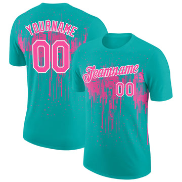 Custom Aqua Pink-White Dripping Splatter Paint Performance T-Shirt