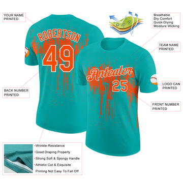 Custom Aqua Orange-White Dripping Splatter Paint Performance T-Shirt