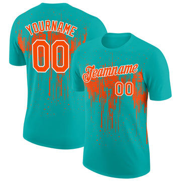 Custom Aqua Orange-White Dripping Splatter Paint Performance T-Shirt