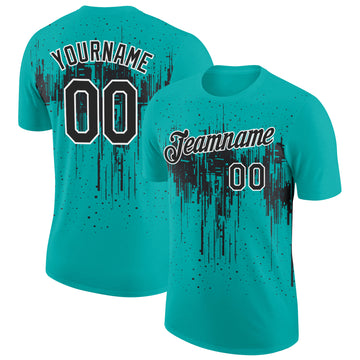 Custom Aqua Black-White Dripping Splatter Paint Performance T-Shirt
