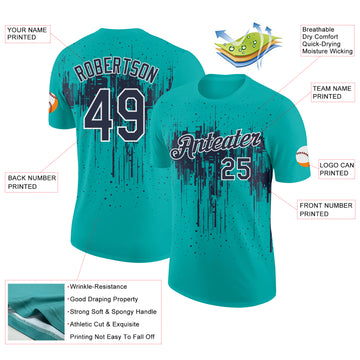 Custom Aqua Navy-White Dripping Splatter Paint Performance T-Shirt
