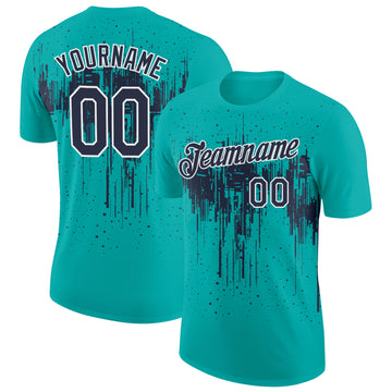Custom Aqua Navy-White Dripping Splatter Paint Performance T-Shirt