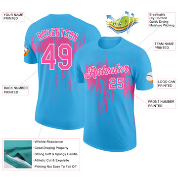 Custom Sky Blue Pink-White Dripping Splatter Paint Performance T-Shirt