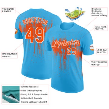 Custom Sky Blue Orange-White Dripping Splatter Paint Performance T-Shirt