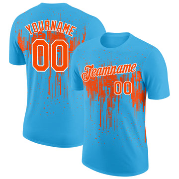 Custom Sky Blue Orange-White Dripping Splatter Paint Performance T-Shirt