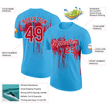 Custom Sky Blue Red-White Dripping Splatter Paint Performance T-Shirt
