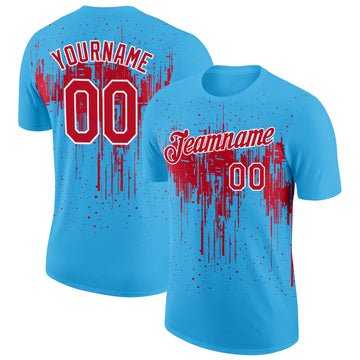 Custom Sky Blue Red-White Dripping Splatter Paint Performance T-Shirt