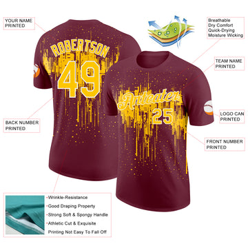 Custom Burgundy Yellow-White Dripping Splatter Paint Performance T-Shirt
