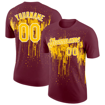 Custom Burgundy Yellow-White Dripping Splatter Paint Performance T-Shirt