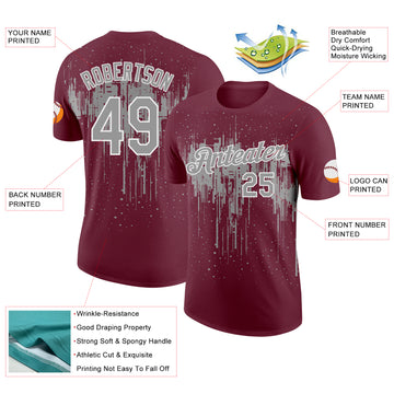 Custom Burgundy Gray-White Dripping Splatter Paint Performance T-Shirt
