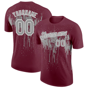 Custom Burgundy Gray-White Dripping Splatter Paint Performance T-Shirt