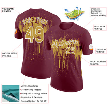 Custom Burgundy Old Gold-White Dripping Splatter Paint Performance T-Shirt