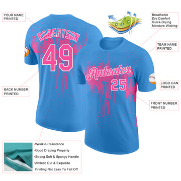 Custom Powder Blue Pink-White Dripping Splatter Paint Performance T-Shirt
