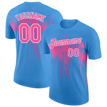 Custom Powder Blue Pink-White Dripping Splatter Paint Performance T-Shirt