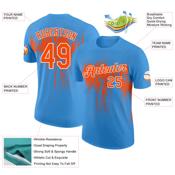 Custom Powder Blue Orange-White Dripping Splatter Paint Performance T-Shirt