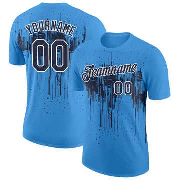 Custom Powder Blue Navy-White Dripping Splatter Paint Performance T-Shirt
