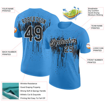 Custom Powder Blue Black-White Dripping Splatter Paint Performance T-Shirt