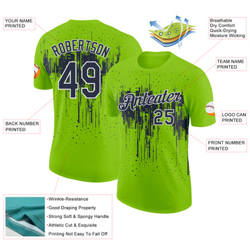 Custom Neon Green Navy-White Dripping Splatter Paint Performance T-Shirt