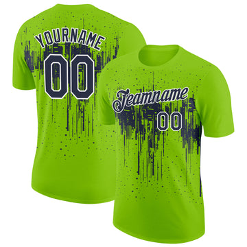 Custom Neon Green Navy-White Dripping Splatter Paint Performance T-Shirt