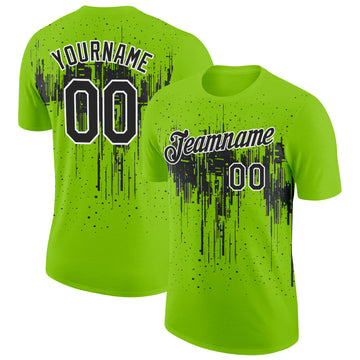 Custom Neon Green Black-White Dripping Splatter Paint Performance T-Shirt
