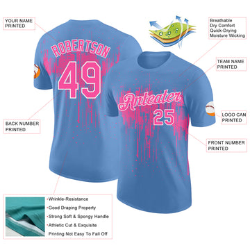 Custom Light Blue Pink-White Dripping Splatter Paint Performance T-Shirt