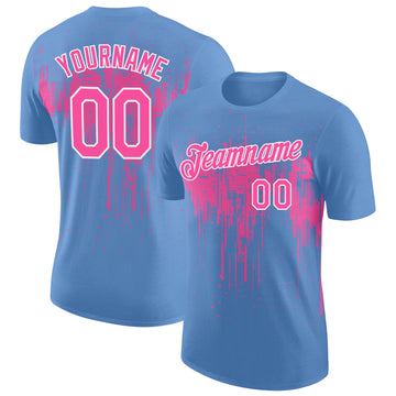 Custom Light Blue Pink-White Dripping Splatter Paint Performance T-Shirt
