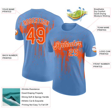 Custom Light Blue Orange-White Dripping Splatter Paint Performance T-Shirt