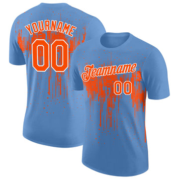 Custom Light Blue Orange-White Dripping Splatter Paint Performance T-Shirt