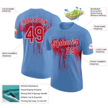 Custom Light Blue Red-White Dripping Splatter Paint Performance T-Shirt