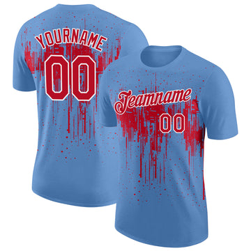 Custom Light Blue Red-White Dripping Splatter Paint Performance T-Shirt