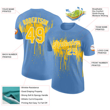 Custom Light Blue Yellow-White Dripping Splatter Paint Performance T-Shirt