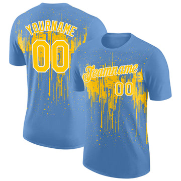 Custom Light Blue Yellow-White Dripping Splatter Paint Performance T-Shirt