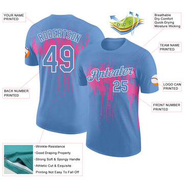 Custom Light Blue Pink-White Dripping Splatter Paint Performance T-Shirt