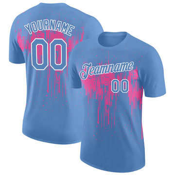 Custom Light Blue Pink-White Dripping Splatter Paint Performance T-Shirt