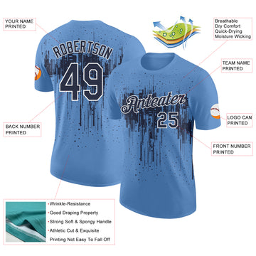 Custom Light Blue Navy-White Dripping Splatter Paint Performance T-Shirt