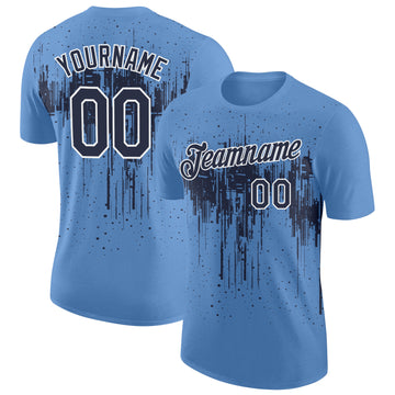 Custom Light Blue Navy-White Dripping Splatter Paint Performance T-Shirt
