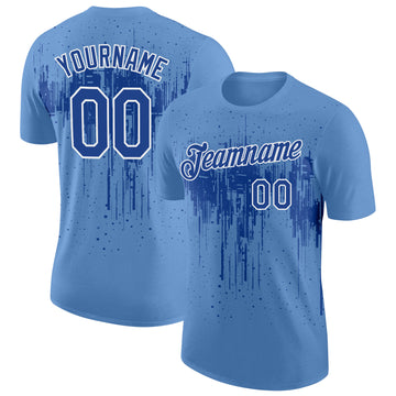 Custom Light Blue Royal-White Dripping Splatter Paint Performance T-Shirt
